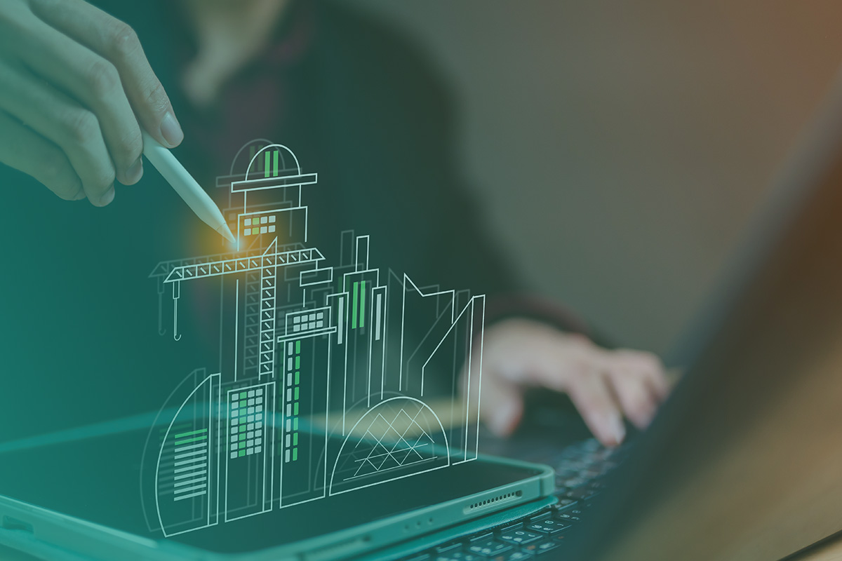 “Designer using a digital tablet and stylus to illustrate building performance as part of Advanced Energy Modelling.”