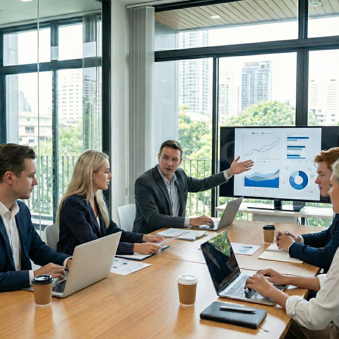 Team in a modern office reviewing charts on a screen during a strategy meeting about commercial renewable energy contracts and long term energy planning.
