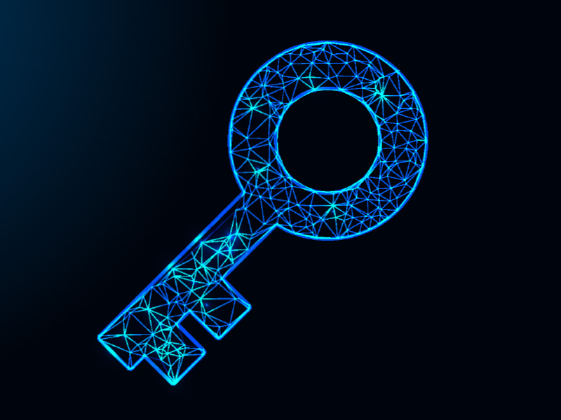 Digital illustration of a glowing key made of network lines, symbolising end-to-end turnkey solutions provided through AMR energy meters and BMS audits.