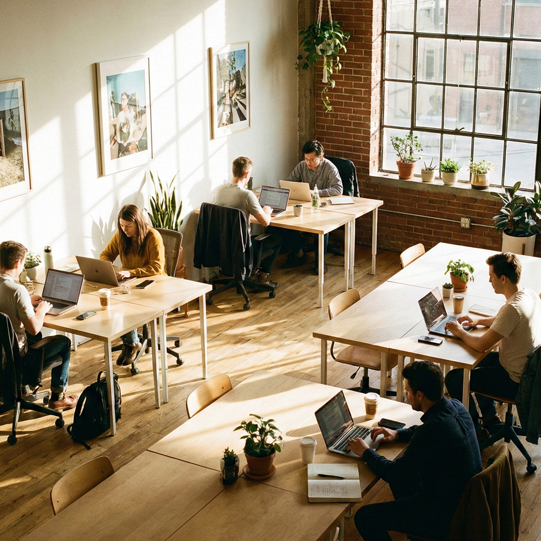 Open plan office with professionals working on laptops, reflecting businesses reviewing commercial renewable energy contracts.