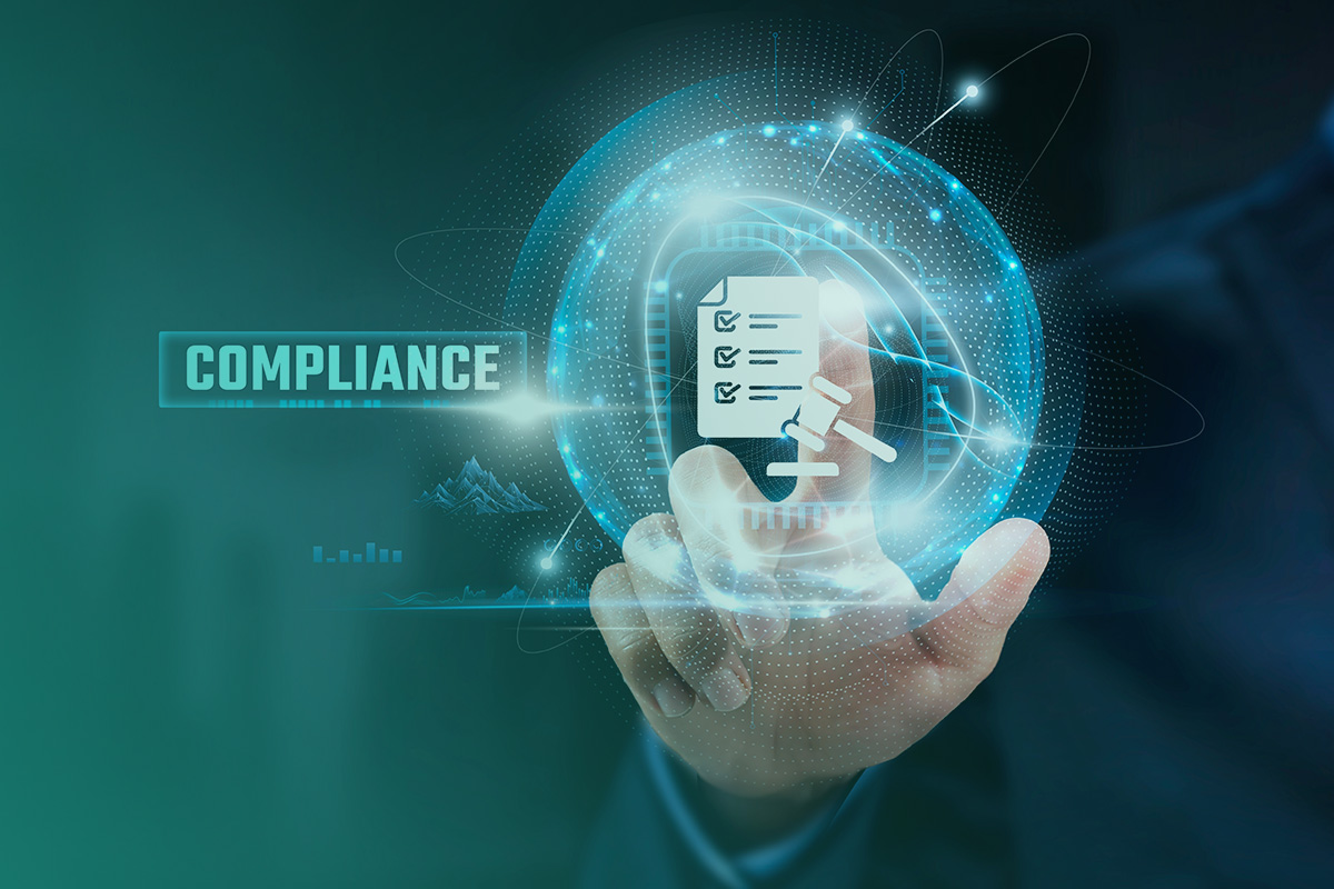 “A digital compliance icon being selected on a touchscreen to represent PPN06/21 Compliance requirements.”