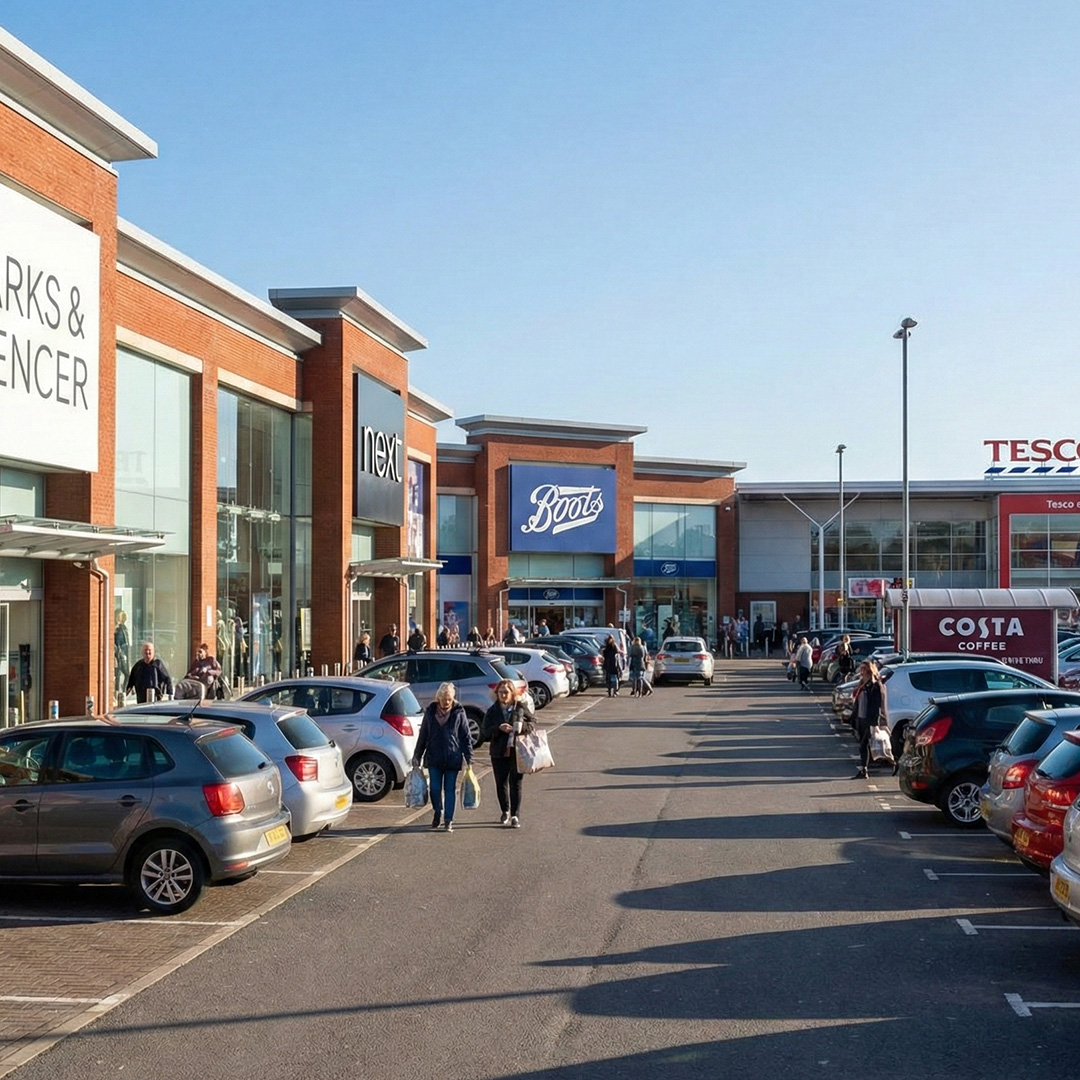Busy retail park with multiple high street stores and parked cars, representing multi site businesses reviewing commercial renewable energy contracts.