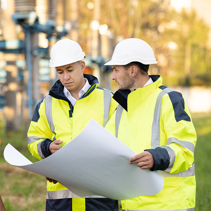 Two engineers in high-visibility jackets and hard hats reviewing site plans outdoors, illustrating the process of a track and trace survey for commercial buildings.