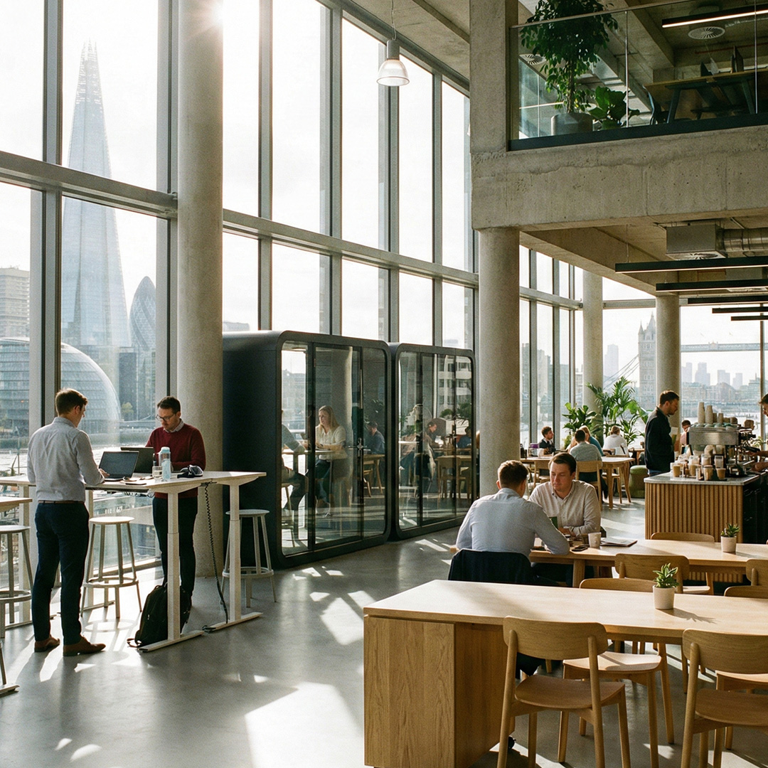 Modern commercial office space overlooking London skyline, representing organisations exploring commercial renewable energy contracts.