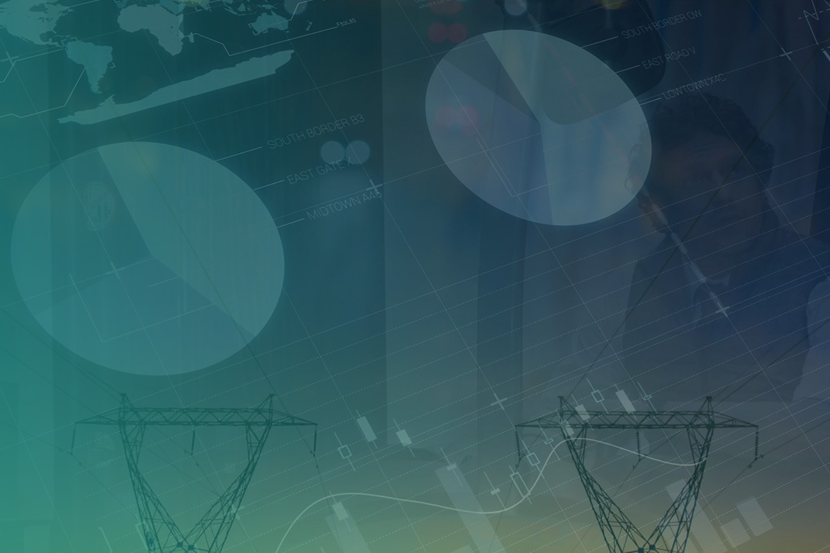 “Electricity pylons with overlaid data charts and graphs representing how business electricity providers analyse markets and energy performance.”