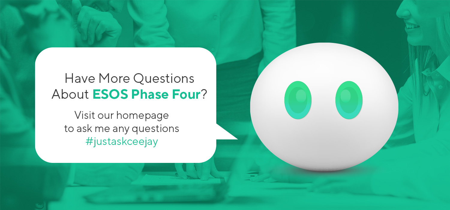 Chatbot character offering support on ESOS Phase Four compliance with background of business professionals in discussion.