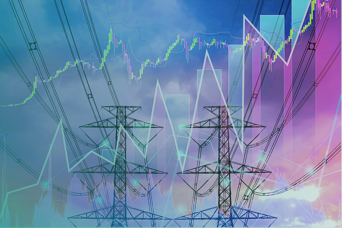 “Power lines and electricity pylons overlaid with market data graphs, illustrating volatility and decision-making in energy procurement.”