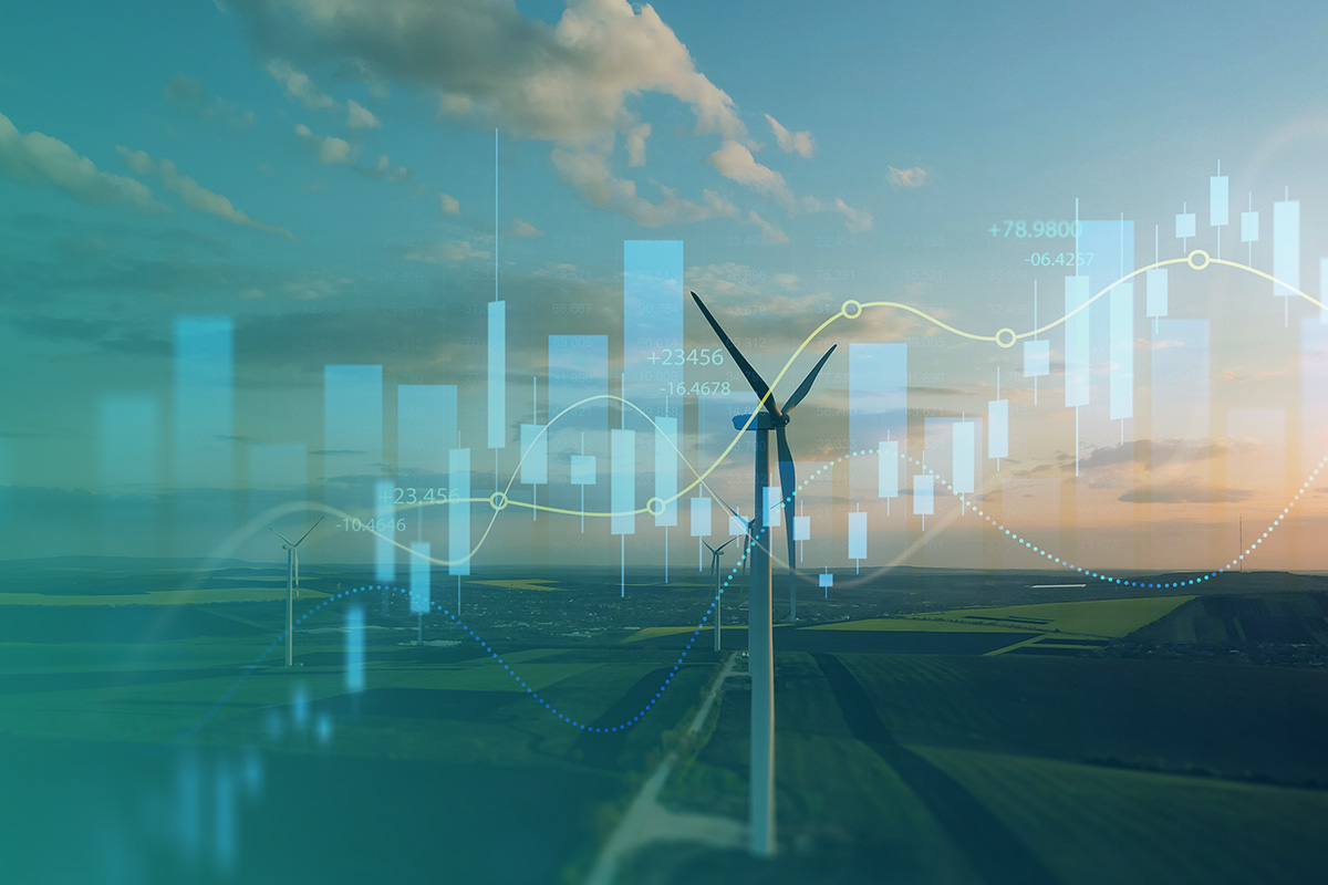 “A landscape of wind turbines overlaid with energy market graphs, representing Flexible Energy Procurement; Smarter Buying for UK Businesses.”