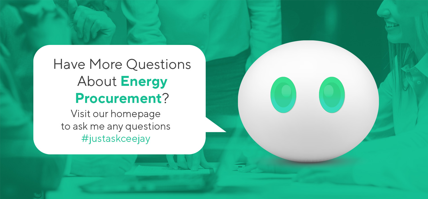 Chatbot character offering to answer questions about energy procurement with hashtag #justaskceejay.