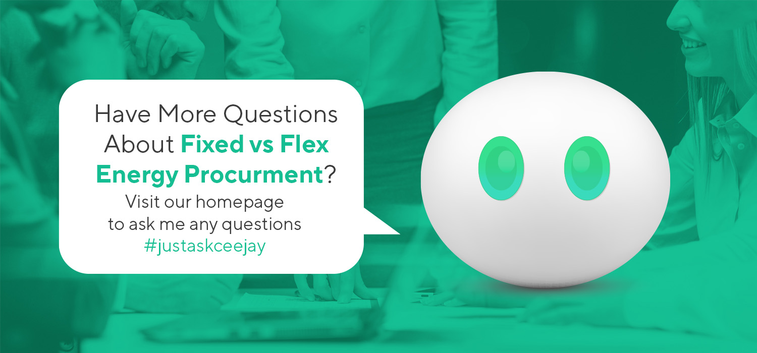 CeeJay the AI assistant alongside text inviting users to ask questions about fixed vs flexible contracts, highlighting the importance of choosing the right energy procurement strategy 2025.