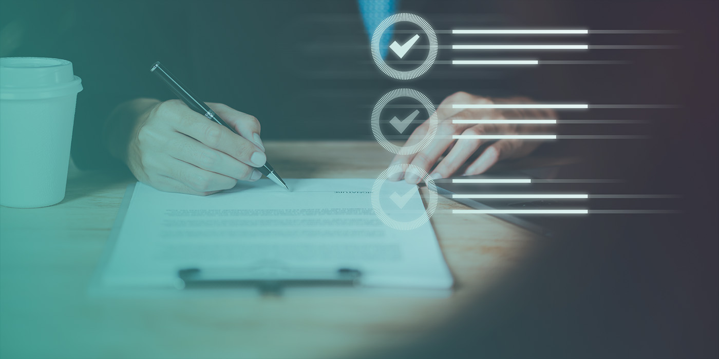 “Person signing documents with digital checklists overlayed, representing Energy Procurement Mistakes such as forgetting contract management after sign-off.”