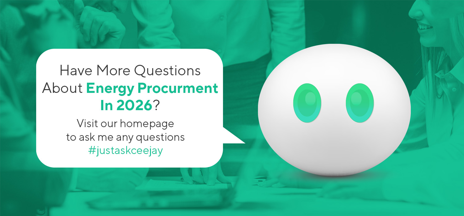 Graphic of chatbot assistant with text inviting users to learn more about Energy Procurement Strategy 2026 and ask questions through the #justaskceejay campaign.
