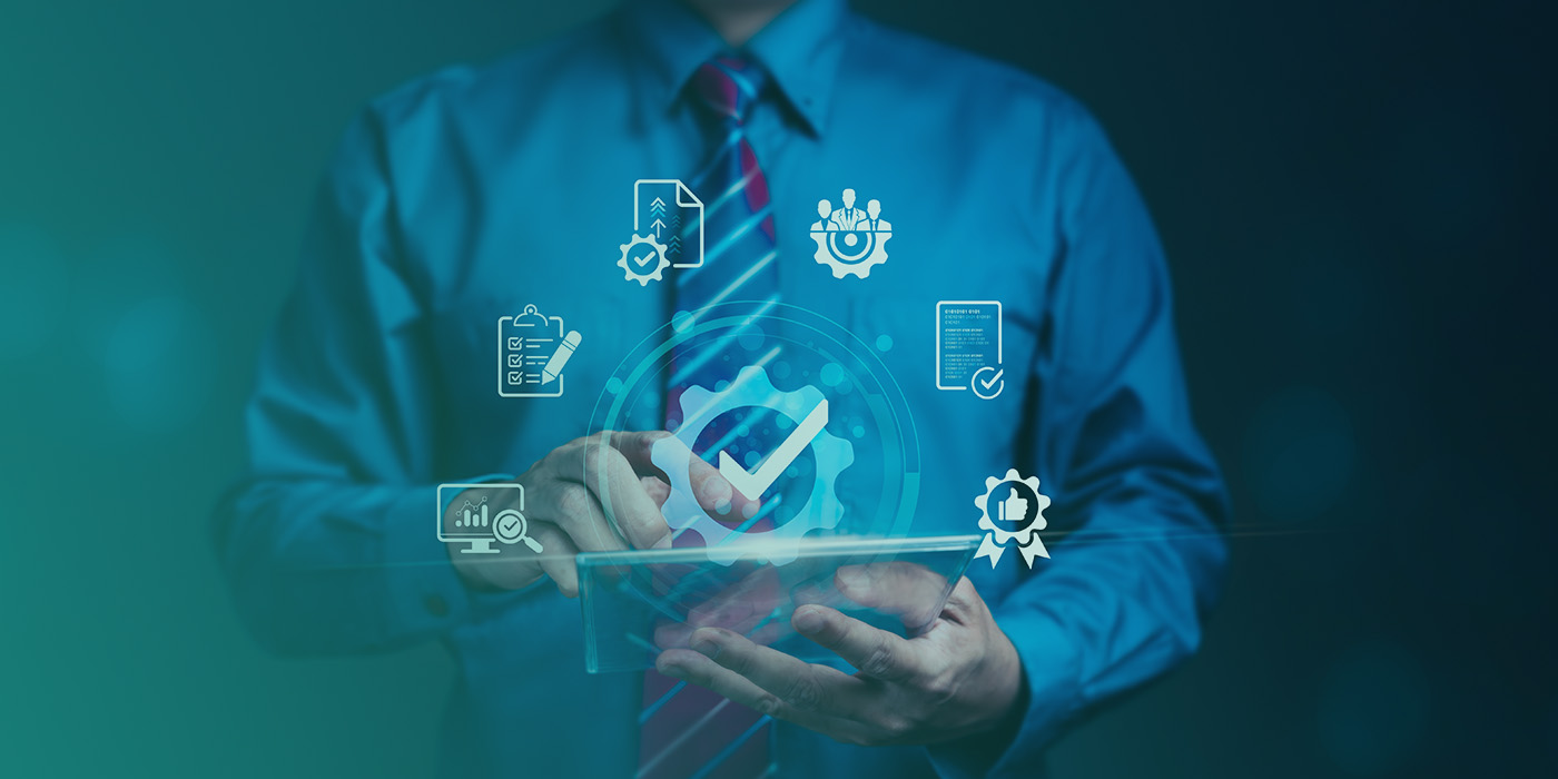 Business professional using a digital tablet with compliance and performance icons, representing the importance of managing MOP DC DA AMR Contracts accurately.