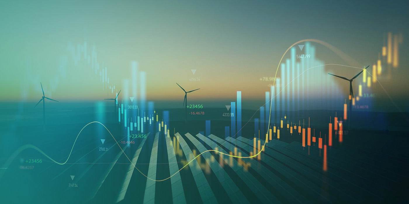 Energy market data visualisation with wind turbines illustrating how renewable trends and price shifts influence an Energy Procurement Strategy 2026.