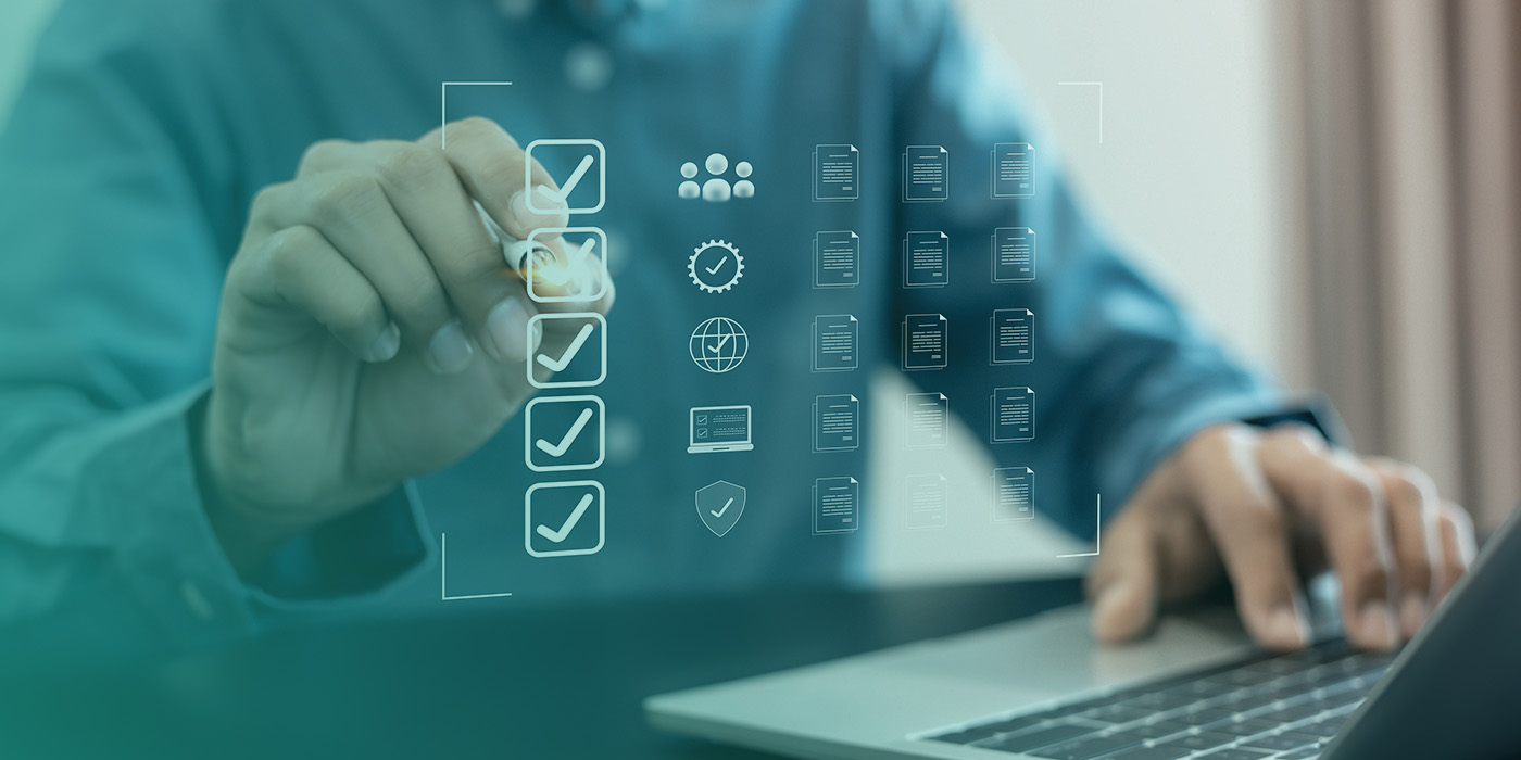 Checklist and digital compliance icons representing structured BMS Recommissioning for building owners and occupiers.