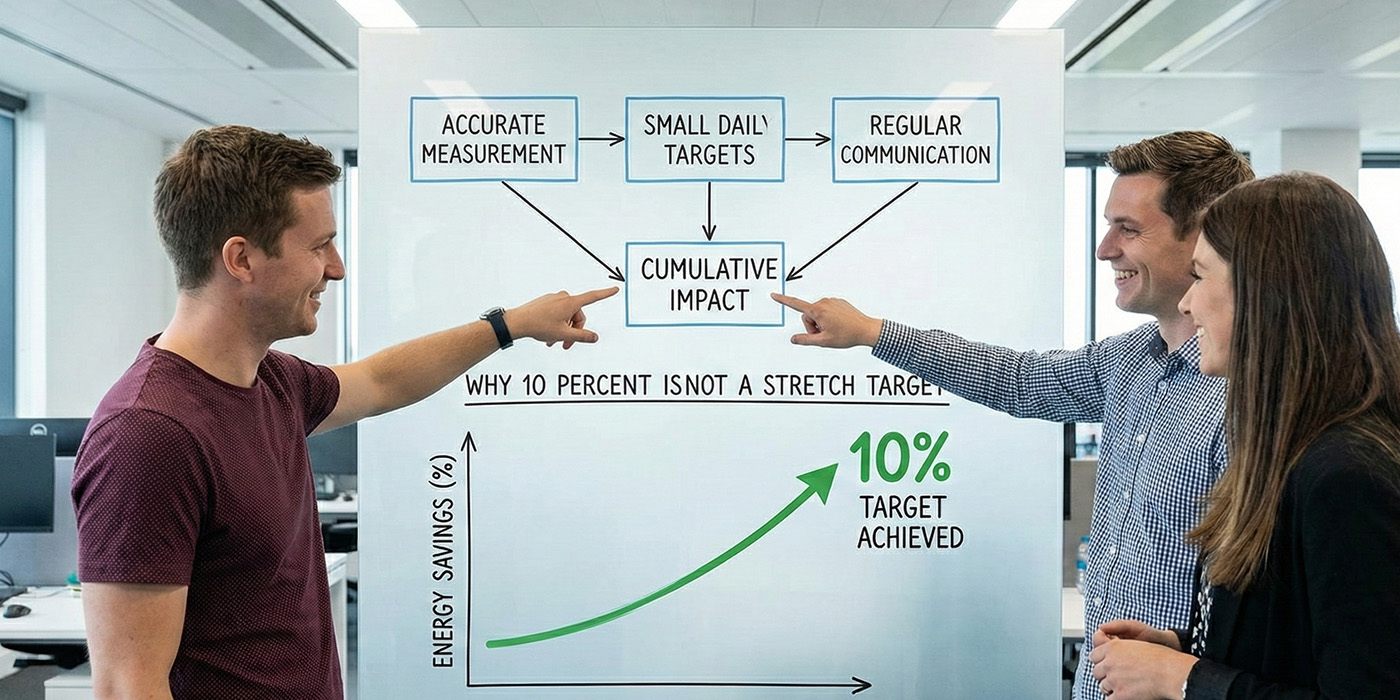 Team pointing to a performance chart explaining how organisations reduce energy bills through energy monitoring by combining accurate measurement, small targets, and regular communication.