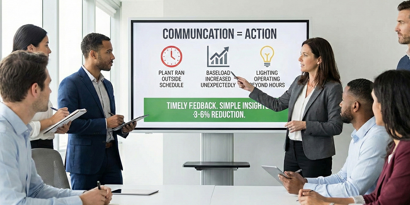 Team reviewing energy performance data on a screen, demonstrating how organisations reduce energy bills through energy monitoring by turning insight into action.