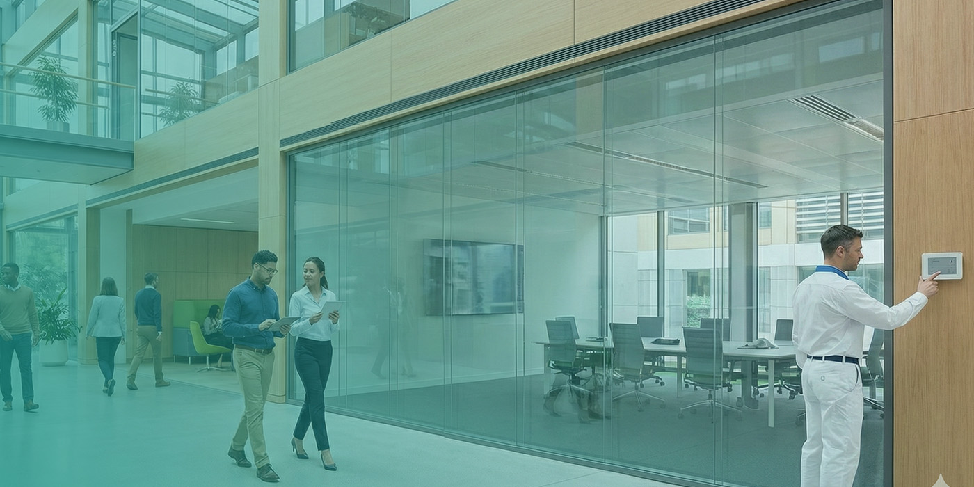 Modern office environment where building controls and occupancy are managed to reduce energy bills through energy monitoring.