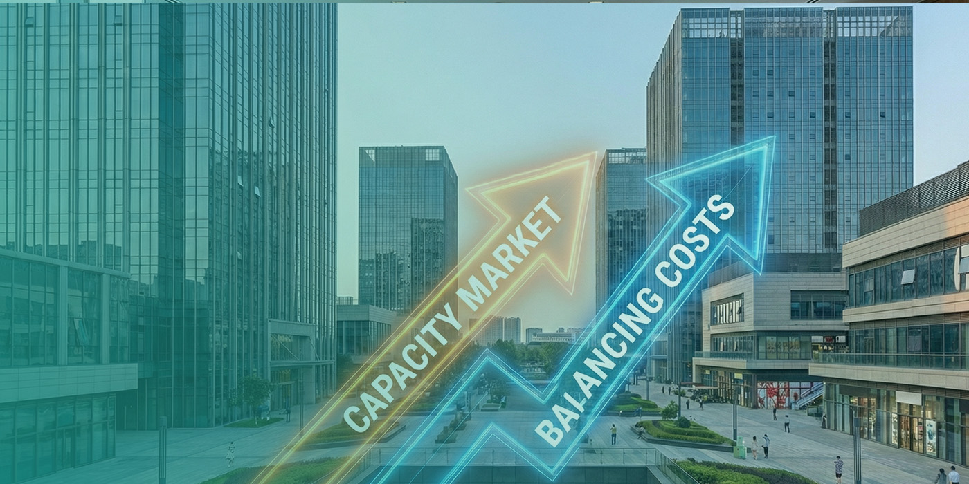 Rising arrows labelled Capacity Market and Balancing Costs in a commercial cityscape, illustrating Energy procurement in 2026 for large users facing increasing system charges.