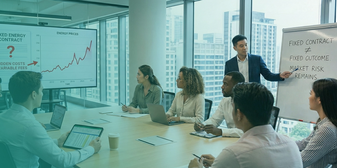 Business leaders reviewing fixed energy contract risks in a meeting room, highlighting Energy procurement in 2026 for large users and why fixed pricing does not guarantee fixed outcomes.
