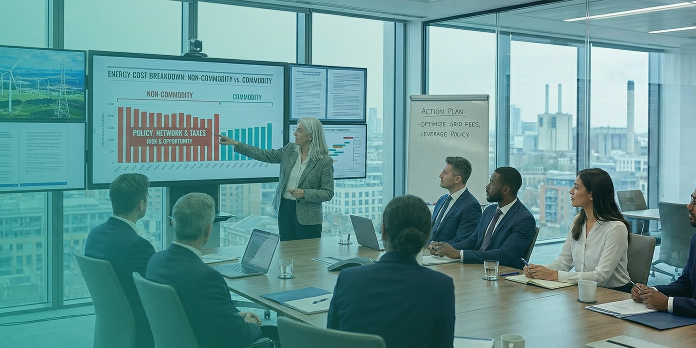 Executive team reviewing non commodity and commodity cost breakdowns during Energy procurement in 2026 for large users, with strategic actions displayed on presentation screens.
