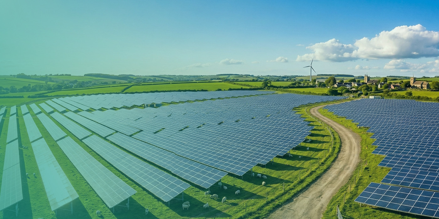 Large solar farm and wind turbine in rural landscape representing renewable generation within sustainable energy procurement strategies 2026.