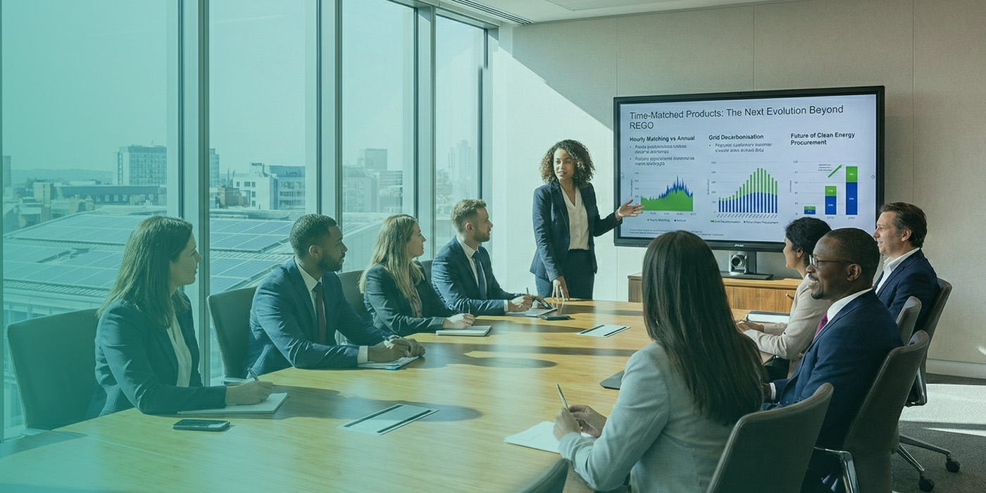 Boardroom presentation on time matched renewable products as part of sustainable energy procurement strategies 2026 planning.