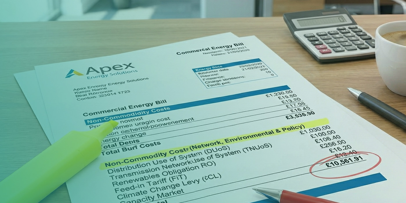 Commercial energy bill highlighting line items that explain Non-commodity energy costs 2026, including network, policy, and environmental charges.