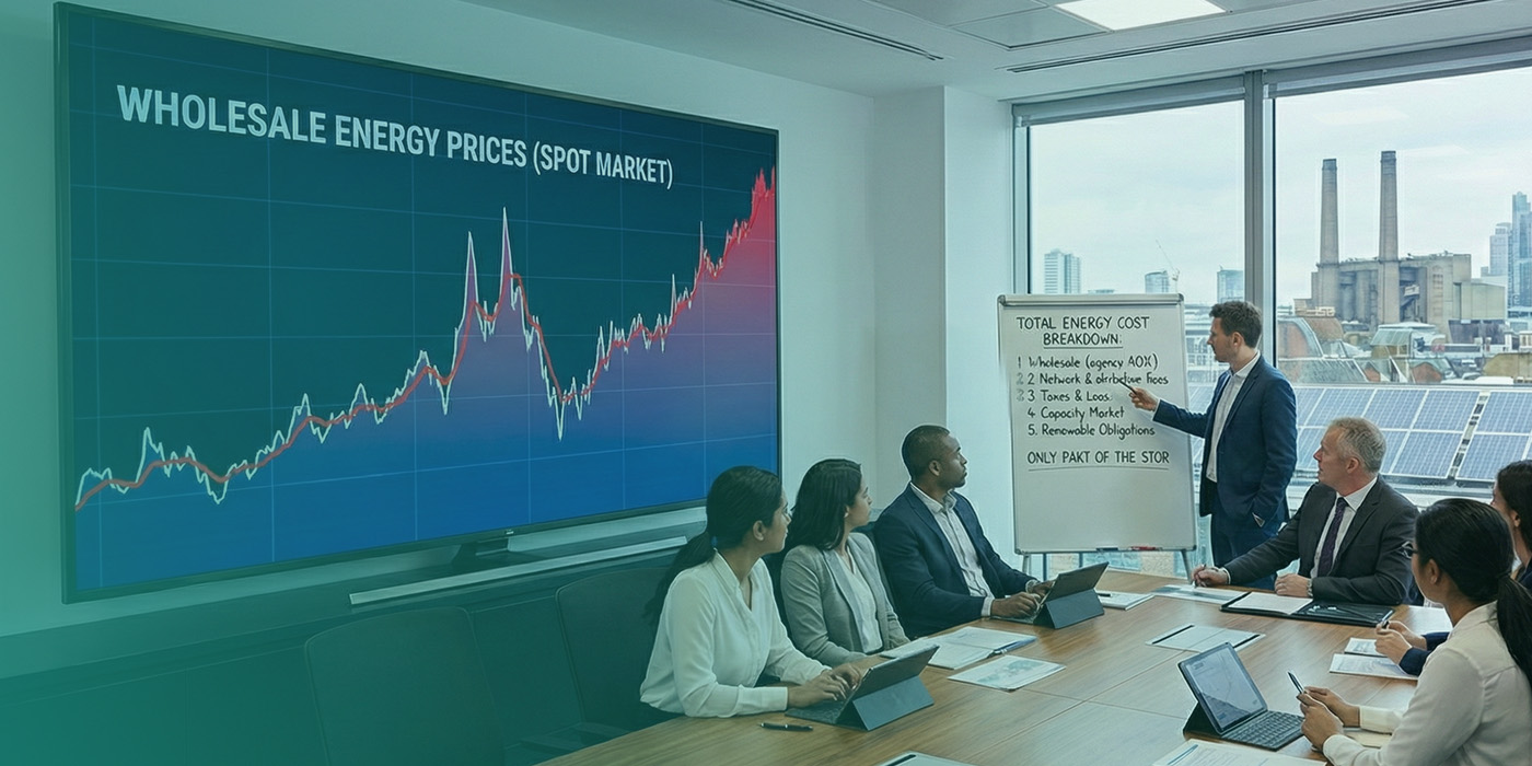 Boardroom presentation analysing wholesale energy price trends as part of Energy procurement in 2026 for large users, with executives reviewing cost breakdowns and market data.