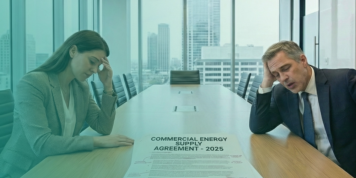 Business leaders reviewing a commercial energy agreement as Non-commodity energy costs 2026 expose unexpected financial risk despite fixed contracts.