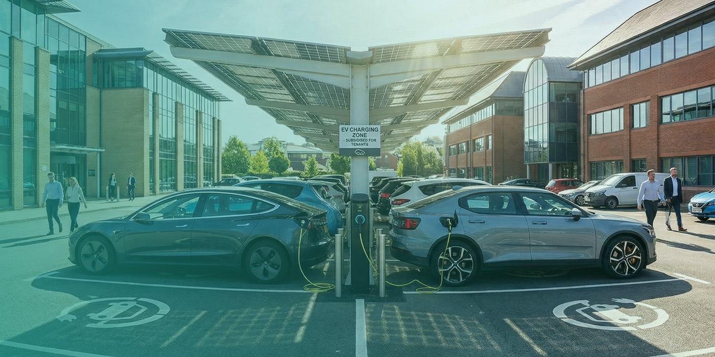 Electric vehicles charging under solar canopies at a modern office campus, illustrating sustainable energy procurement strategies 2026 in action.