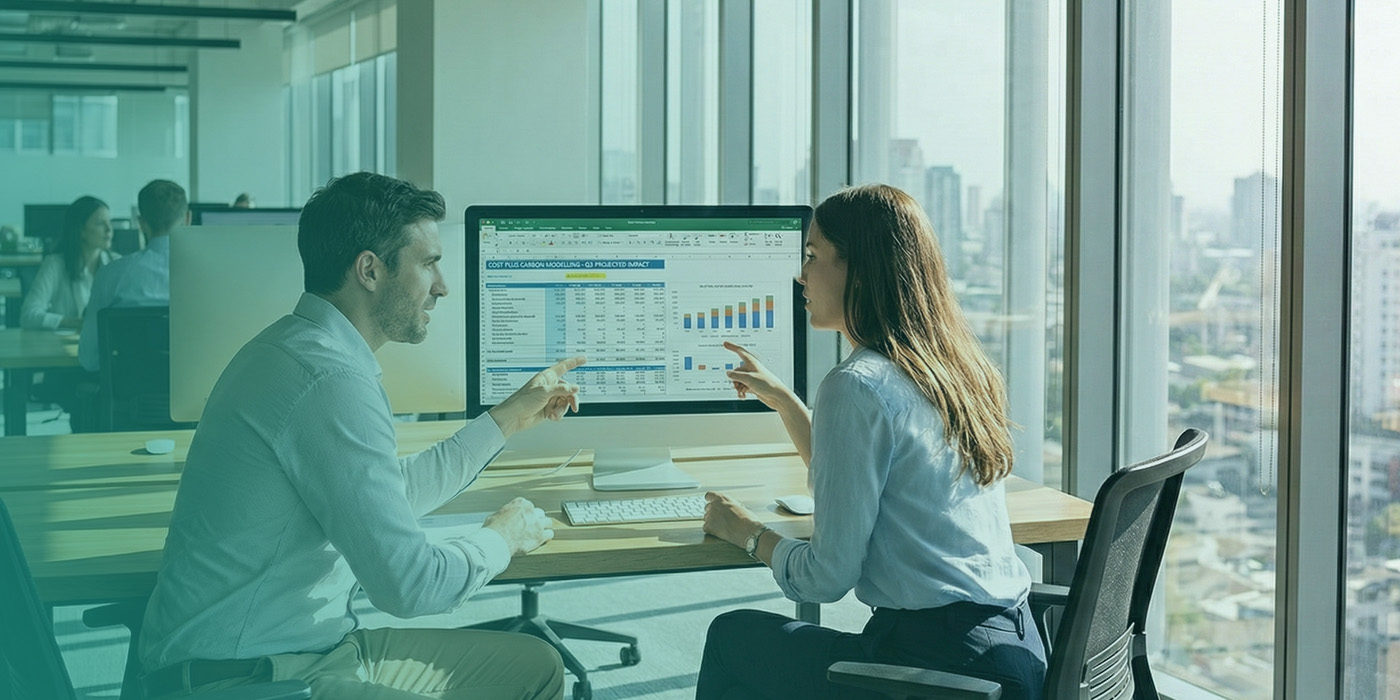 Two professionals analysing cost and carbon data on a computer screen as part of sustainable energy procurement strategies 2026 planning.