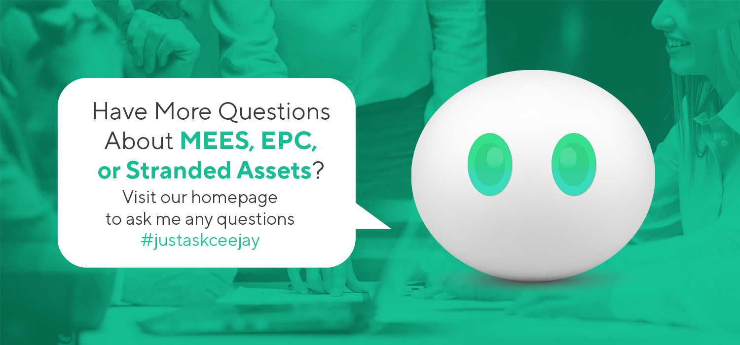 Chatbot graphic inviting questions about MEES, EPC, and stranded assets, highlighting MEES EPC stranded asset risk.