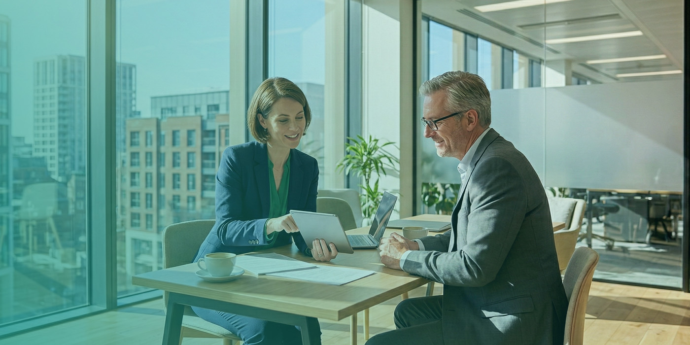 Two professionals reviewing building performance data on a tablet while discussing improvements related to a Commercial EPC rating.