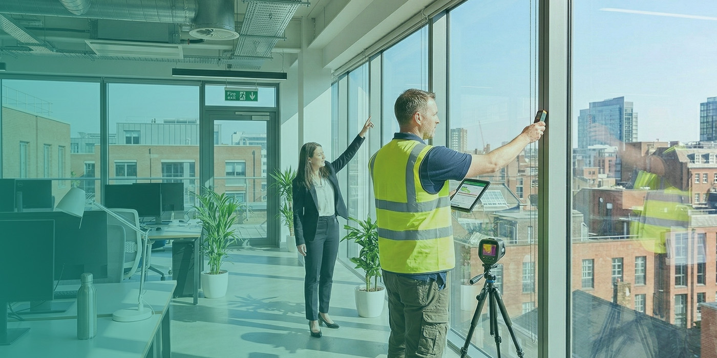 Energy assessor conducting a building inspection with thermal imaging equipment as part of a Commercial EPC assessment.