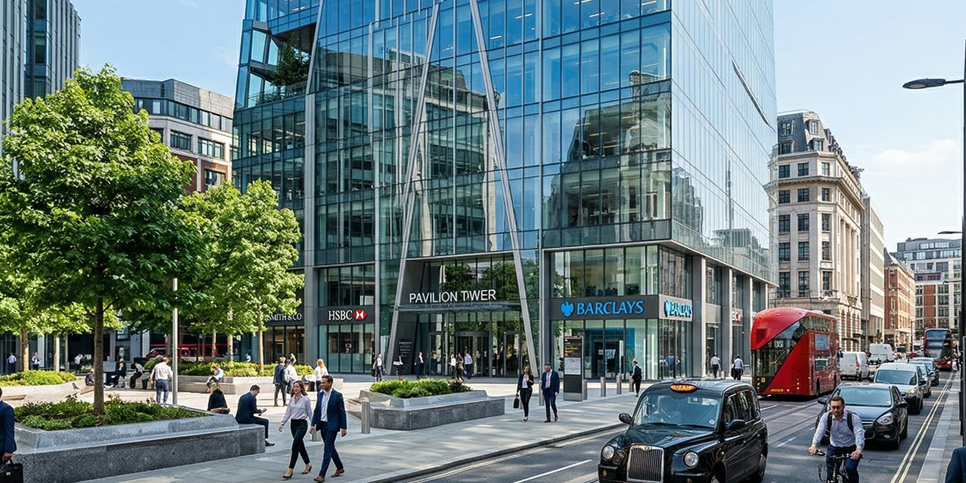 City office building with street activity and commercial tenants, illustrating MEES EPC stranded asset risk in urban property portfolios.