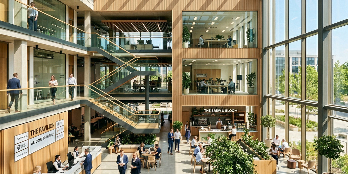 Modern commercial office interior with tenants and shared spaces, highlighting MEES EPC stranded asset risk for multi-occupancy buildings.