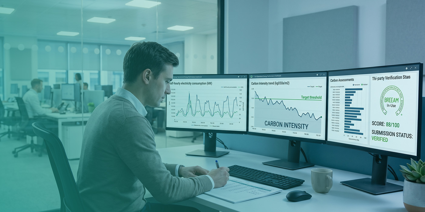 A sustainability analyst working at a triple-monitor workstation displaying half-hourly electricity consumption data, a carbon intensity trend graph tracking against a target threshold, carbon assessment records and a BREEAM In-Use verification score of 88 out of 100