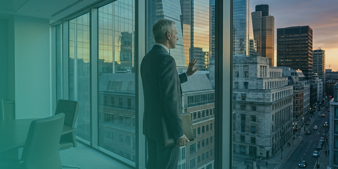 A senior businessman holding a folder and looking out over the City of London skyline at dusk from a high-floor office window