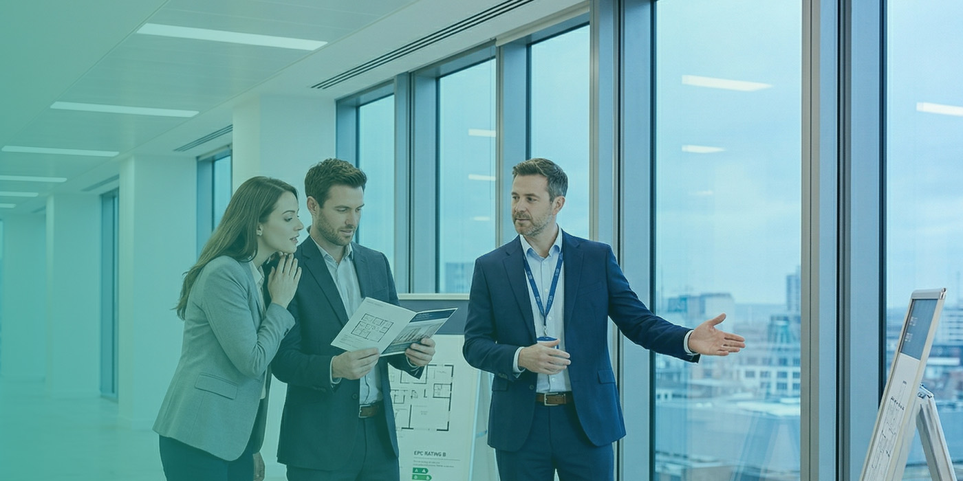 Three professionals during a commercial office viewing, with one holding floor plans and an EPC Rating B certificate visible on a presentation board in the foreground