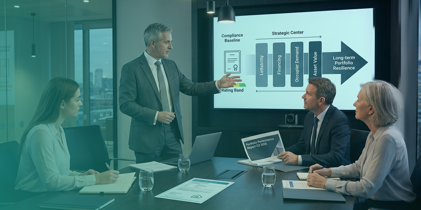 A senior advisor presenting a strategic framework diagram to three colleagues in a boardroom, showing a progression from Compliance Baseline and Rating Band through a Strategic Centre of Lettability, Financing, Occupier Demand and Asset Value to Long-term Portfolio Resilience, with a Portfolio Performance Report Q3 2026 on the table