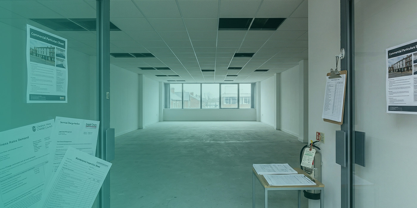 The interior of a vacant, unfitted commercial office space with commercial particulars sheets, a business rates demand, a service charge notice and a maintenance inspection sheet visible in the foreground