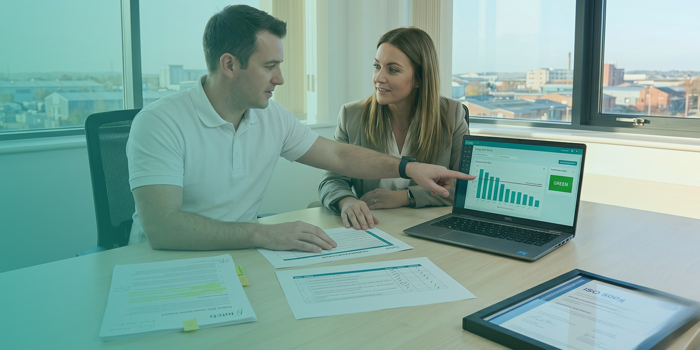An Inteb energy consultant pointing out a green compliance status on a Dell laptop dashboard to a client across a desk, with Inteb-branded initial risk assessment report and compliance documents on the table and a framed ISO 50001 certificate visible in the foreground