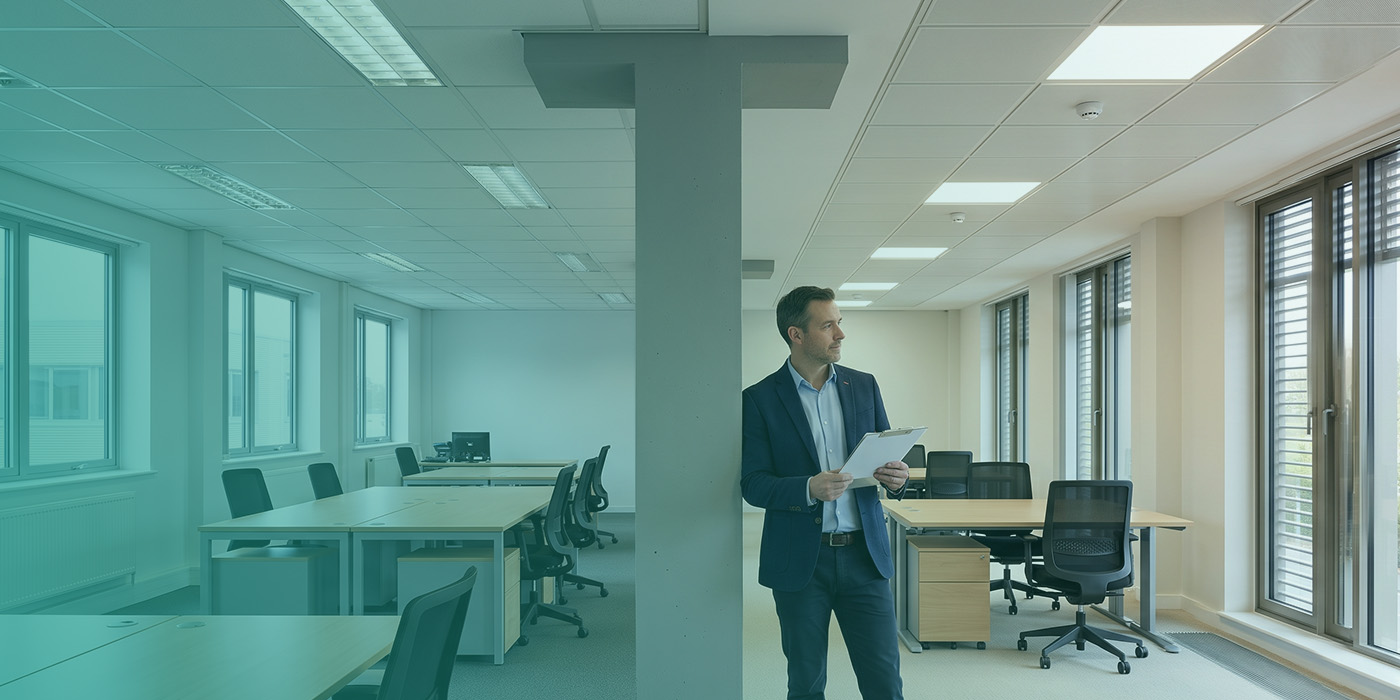 A property professional holding a clipboard and assessing a fitted commercial office space, with the structural column dividing the frame into a cooler, older-spec left-hand zone and a brighter, more modern right-hand zone