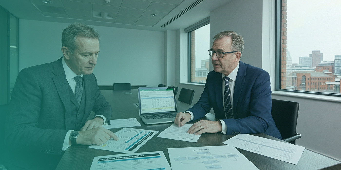 Two senior property professionals in a boardroom meeting reviewing an EPC Energy Performance Certificate, a transaction summary and financial spreadsheets on a laptop