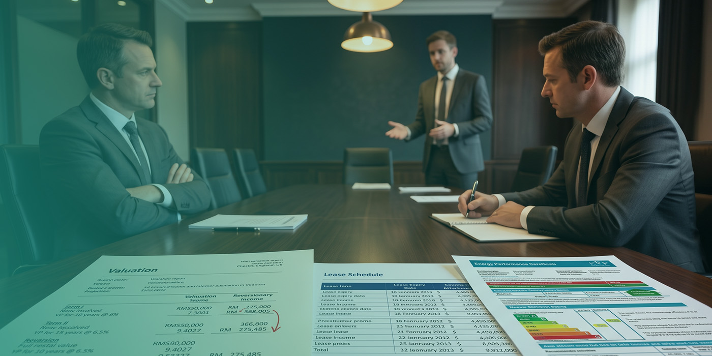 Three property professionals in a formal boardroom meeting with a valuation report, lease schedule and EPC Energy Performance Certificate spread across the conference table in the foreground