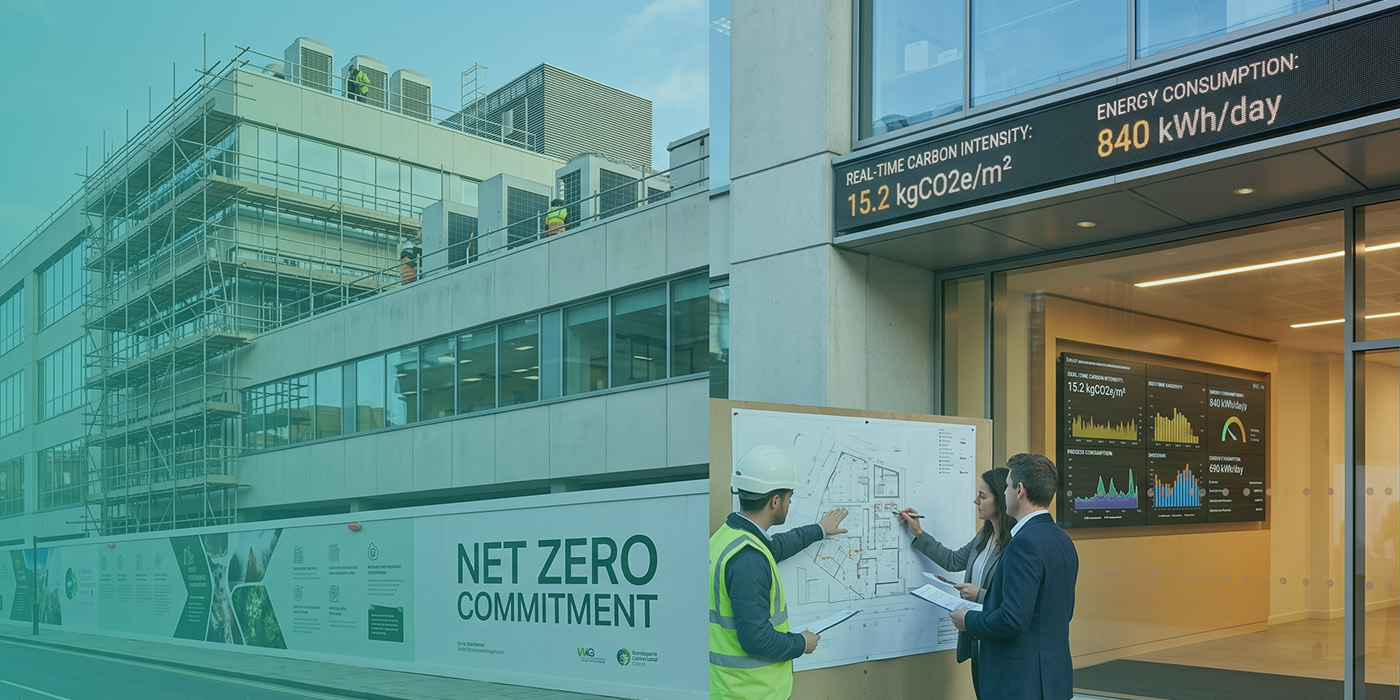 A split composite image showing a commercial office building under scaffolded refurbishment with a "Net Zero Commitment" hoarding on the left, and on the right a construction professional and a suited colleague reviewing site plans in front of a building entrance displaying real-time carbon intensity of 15.2 kgCO2e per square metre and energy consumption of 840 kWh per day on a live digital performance board