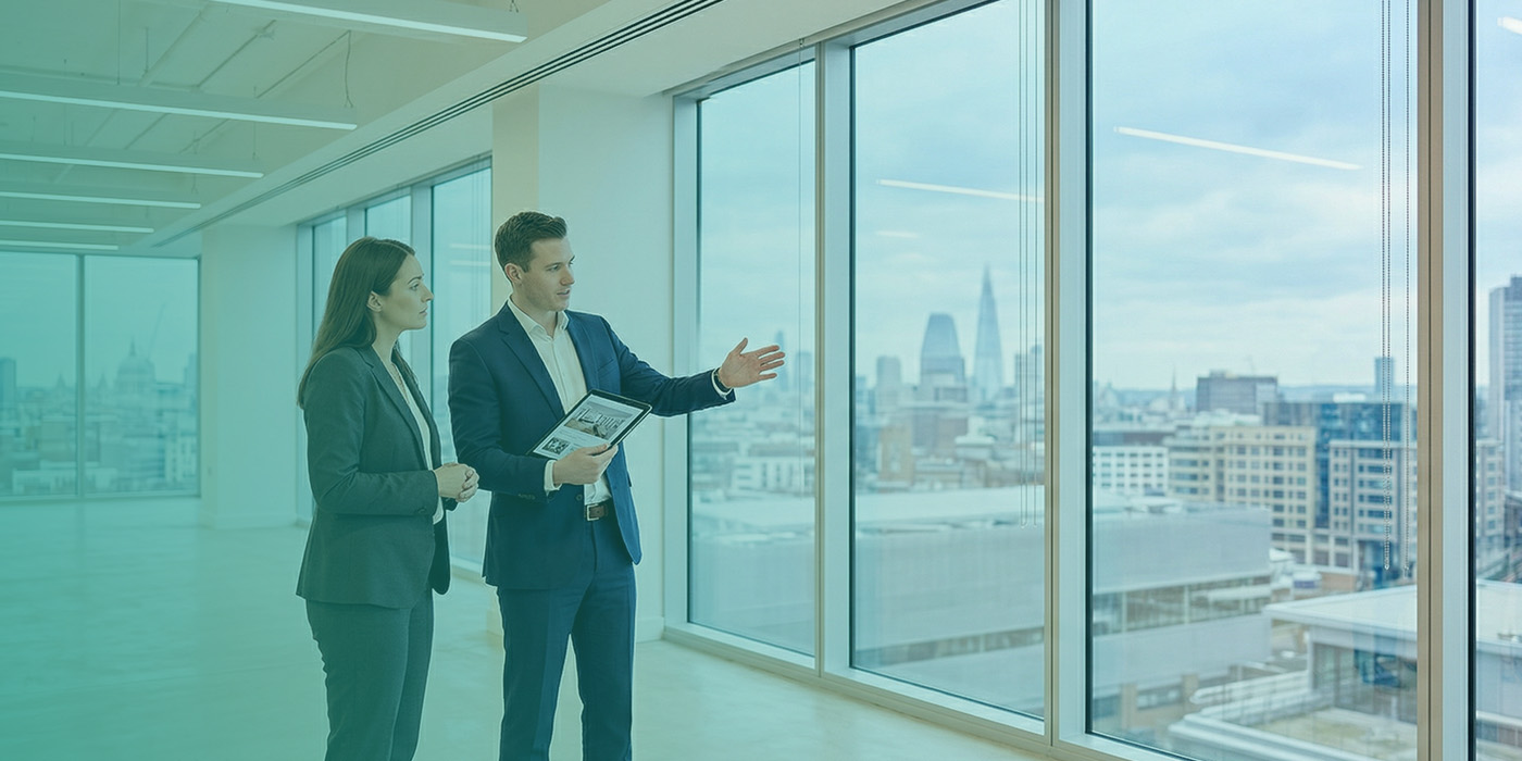 Two business professionals viewing an empty high-floor office space with panoramic floor-to-ceiling windows overlooking the London skyline