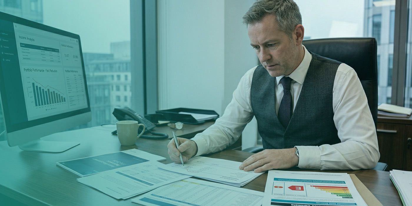 A property professional in a waistcoat and tie reviewing an EPC certificate showing an E rating alongside portfolio performance and yield reduction data on a desktop monitor