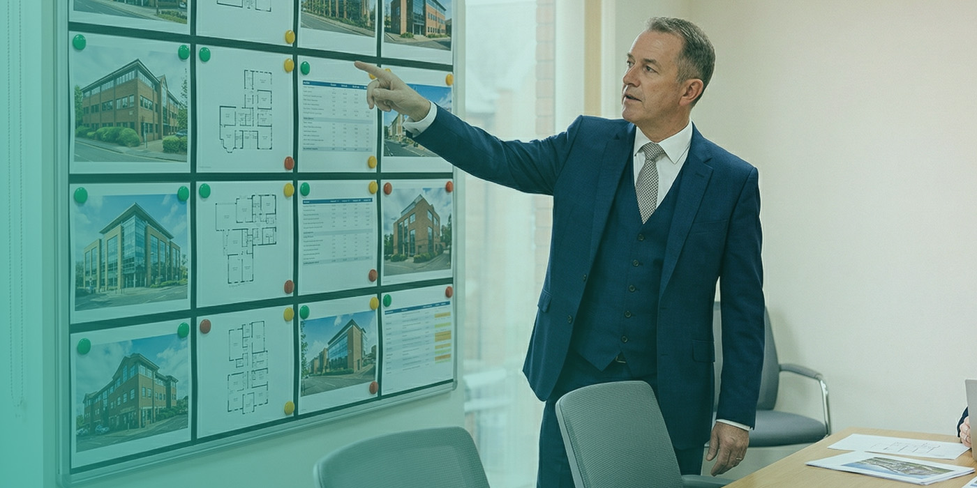 A senior property advisor in a three-piece suit presenting a portfolio of commercial property listings, floor plans and availability schedules pinned to a magnetic board in a meeting room